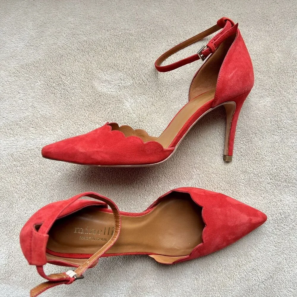 Minelli Spain Red Suede Scalloped Edge Pump Heel Ankle Strap Women EU 38 US‎ 7.5